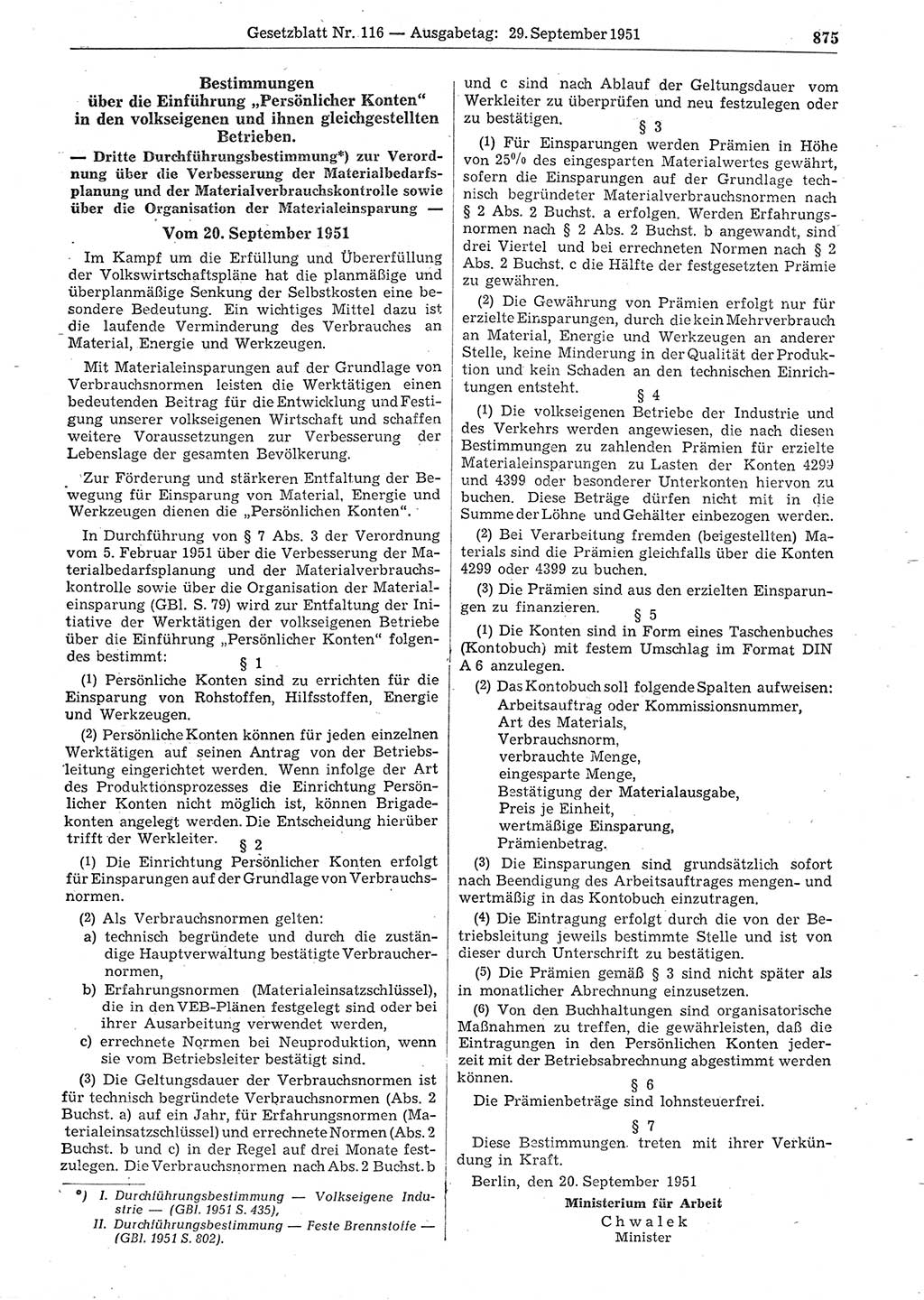 Gesetzblatt (GBl.) der Deutschen Demokratischen Republik (DDR) 1951, Seite 875 (GBl. DDR 1951, S. 875)