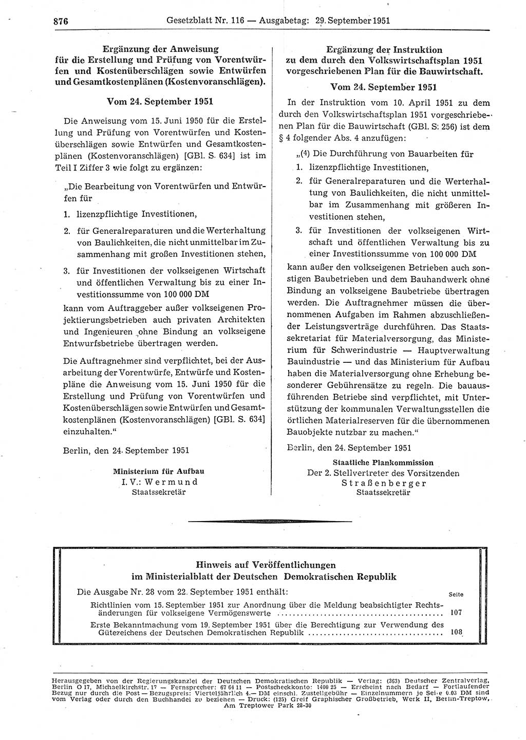Gesetzblatt (GBl.) der Deutschen Demokratischen Republik (DDR) 1951, Seite 876 (GBl. DDR 1951, S. 876)
