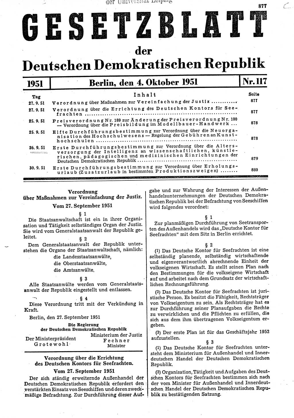 Gesetzblatt (GBl.) der Deutschen Demokratischen Republik (DDR) 1951, Seite 877 (GBl. DDR 1951, S. 877)
