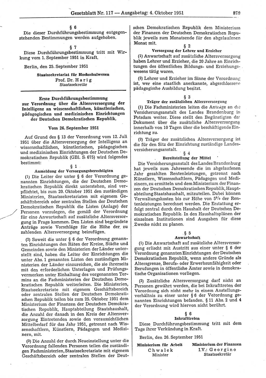 Gesetzblatt (GBl.) der Deutschen Demokratischen Republik (DDR) 1951, Seite 879 (GBl. DDR 1951, S. 879)