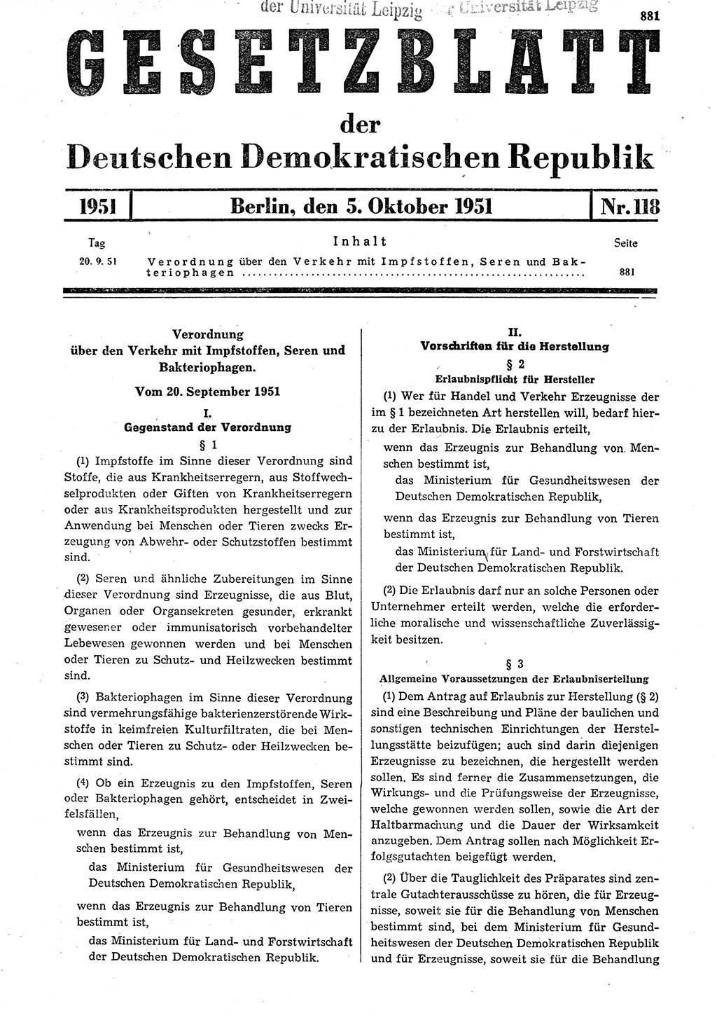 Gesetzblatt (GBl.) der Deutschen Demokratischen Republik (DDR) 1951, Seite 881 (GBl. DDR 1951, S. 881)