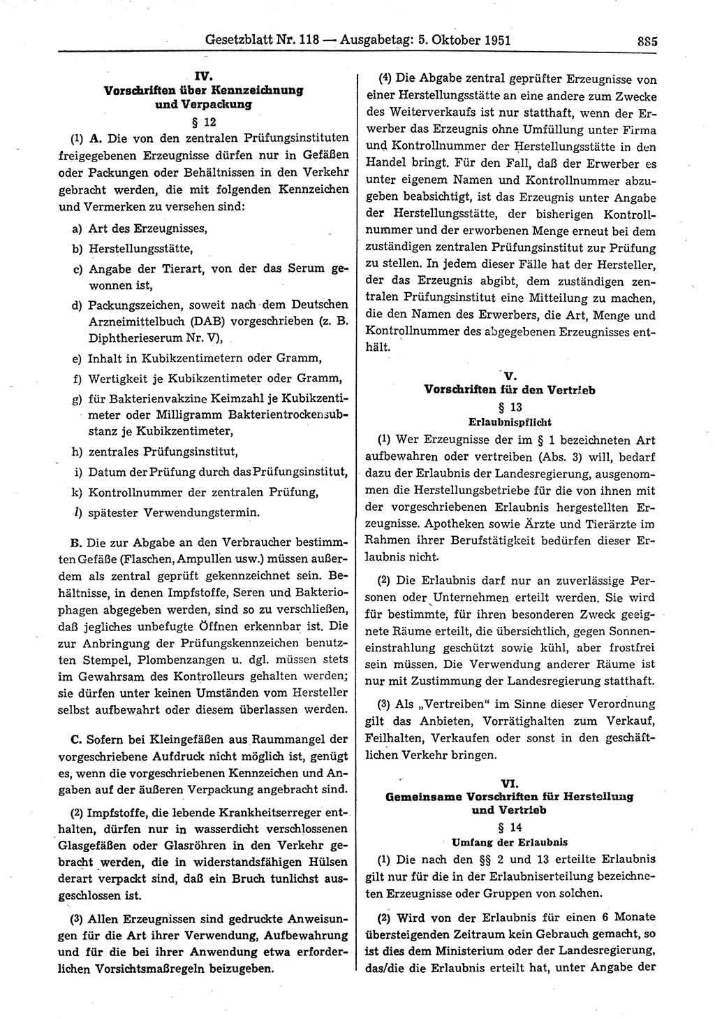 Gesetzblatt (GBl.) der Deutschen Demokratischen Republik (DDR) 1951, Seite 885 (GBl. DDR 1951, S. 885)