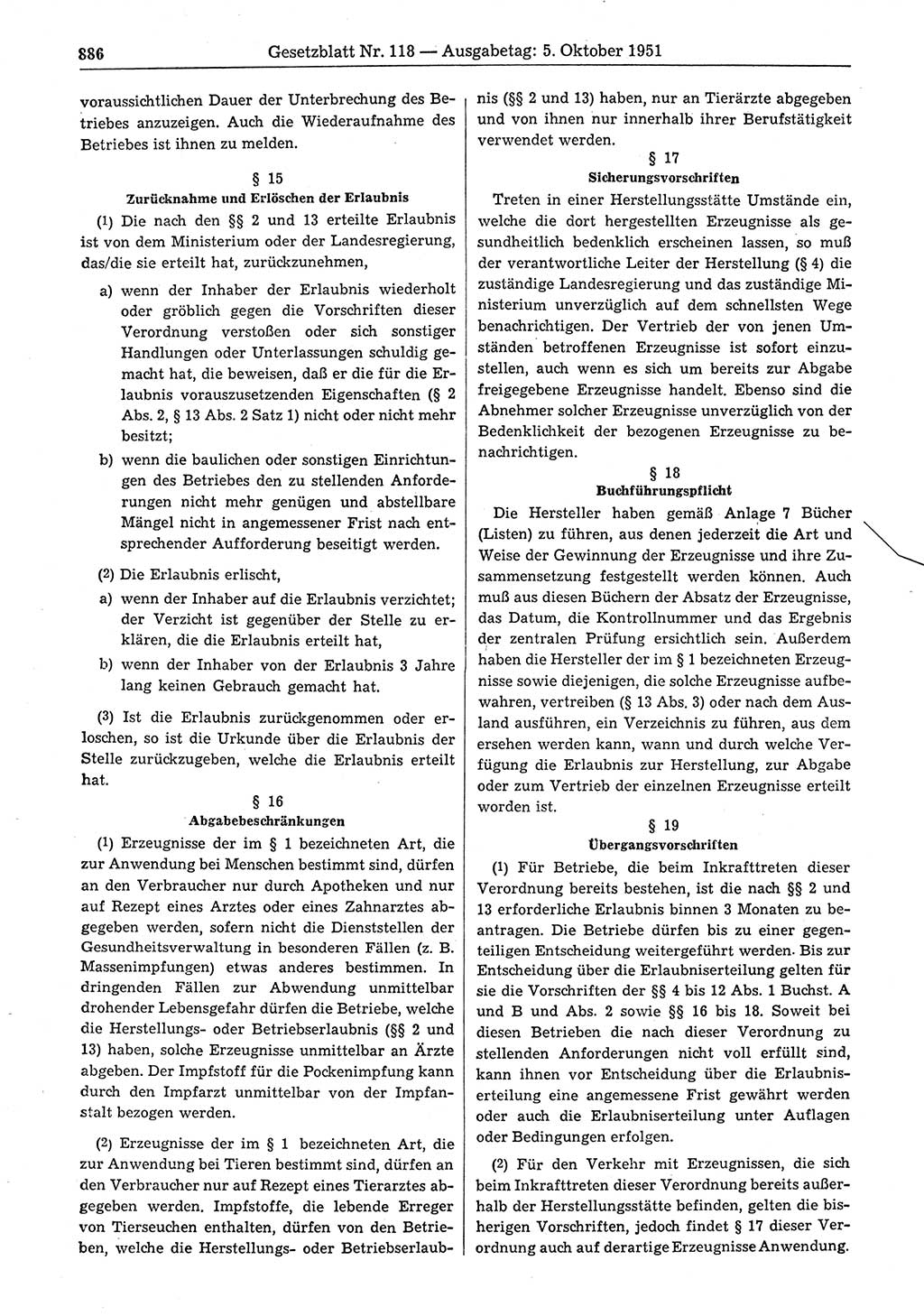 Gesetzblatt (GBl.) der Deutschen Demokratischen Republik (DDR) 1951, Seite 886 (GBl. DDR 1951, S. 886)