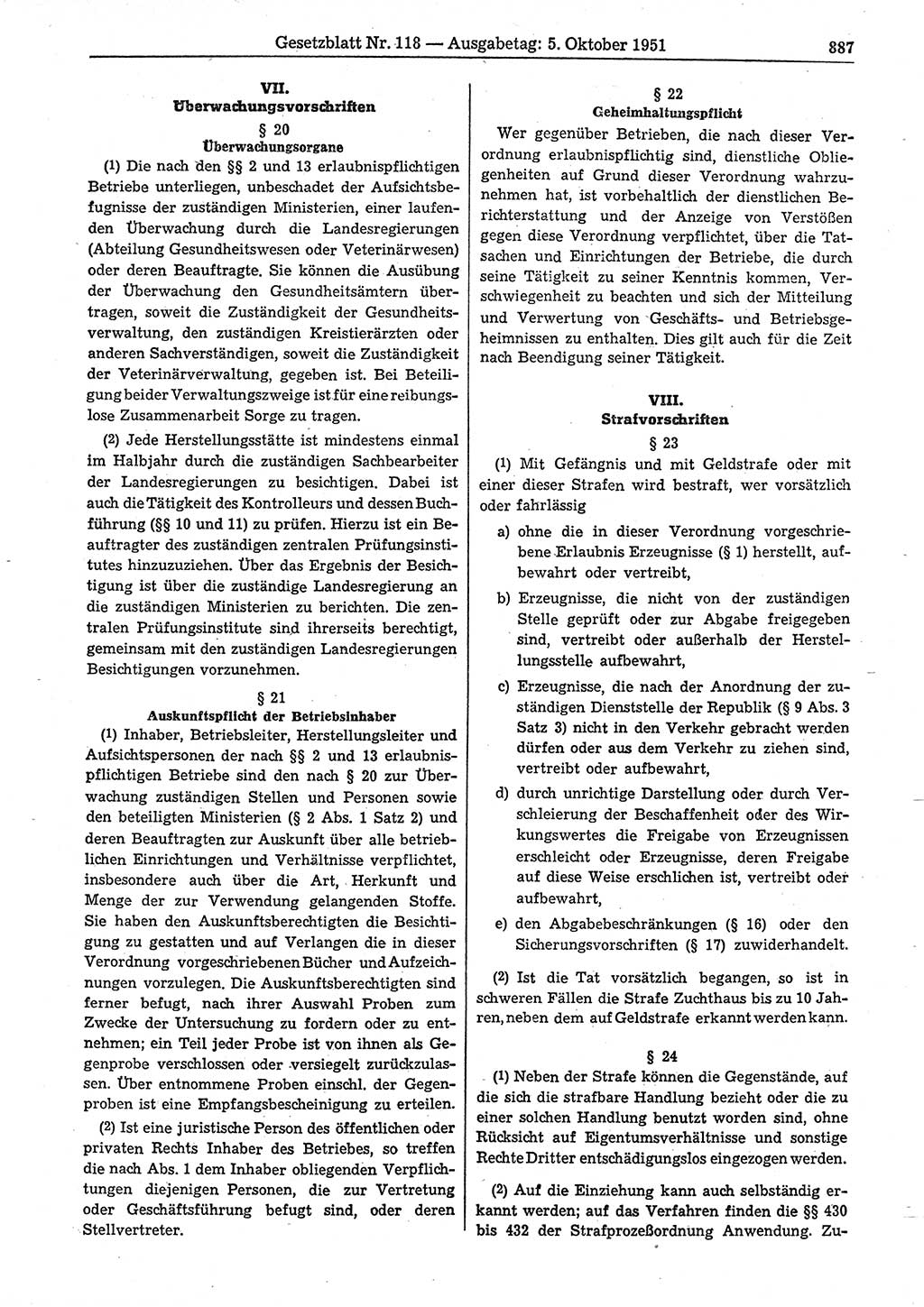 Gesetzblatt (GBl.) der Deutschen Demokratischen Republik (DDR) 1951, Seite 887 (GBl. DDR 1951, S. 887)