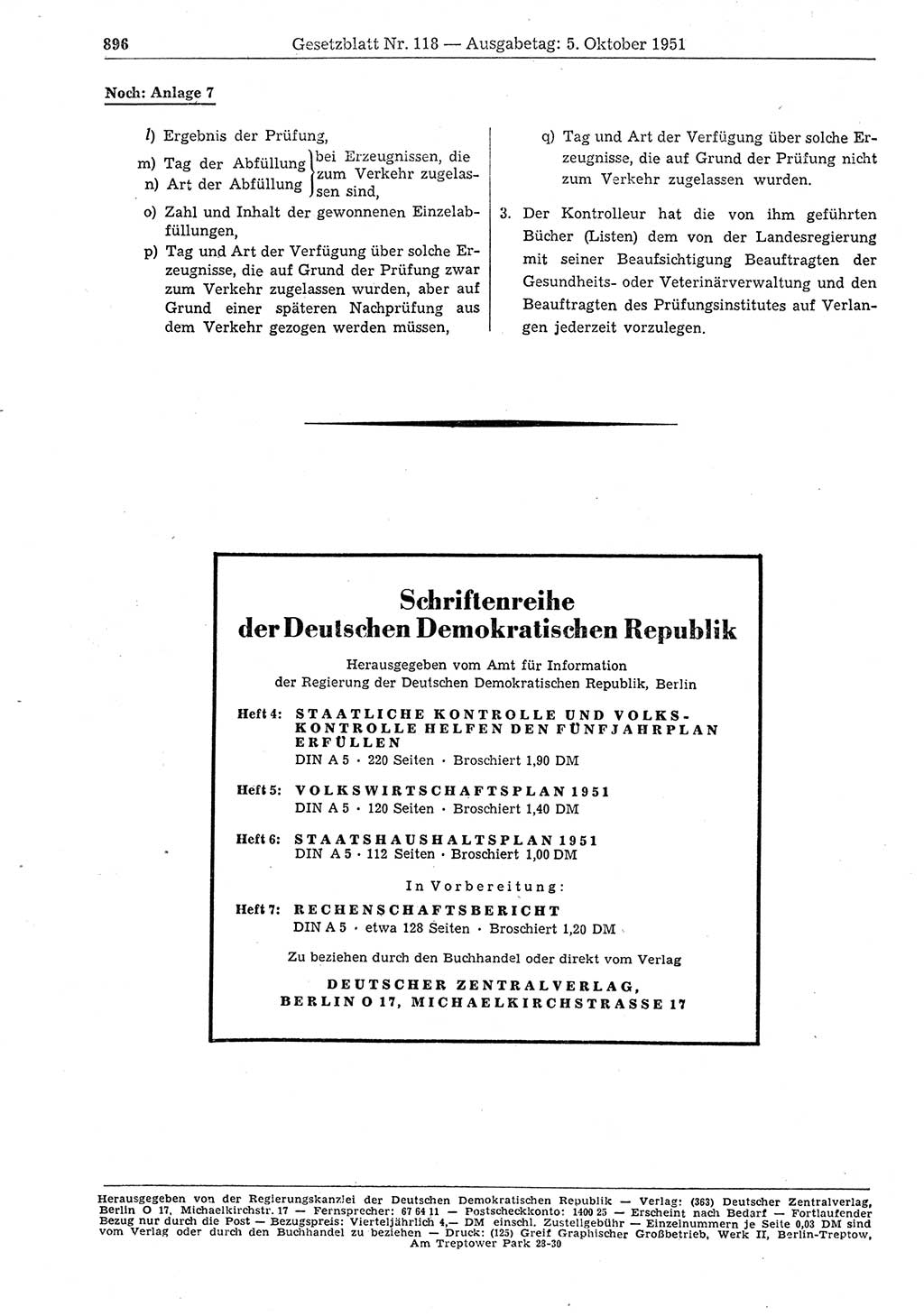 Gesetzblatt (GBl.) der Deutschen Demokratischen Republik (DDR) 1951, Seite 896 (GBl. DDR 1951, S. 896)