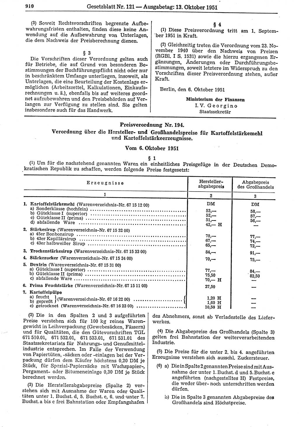 Gesetzblatt (GBl.) der Deutschen Demokratischen Republik (DDR) 1951, Seite 910 (GBl. DDR 1951, S. 910)