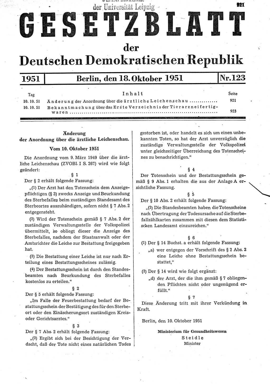 Gesetzblatt (GBl.) der Deutschen Demokratischen Republik (DDR) 1951, Seite 921 (GBl. DDR 1951, S. 921)