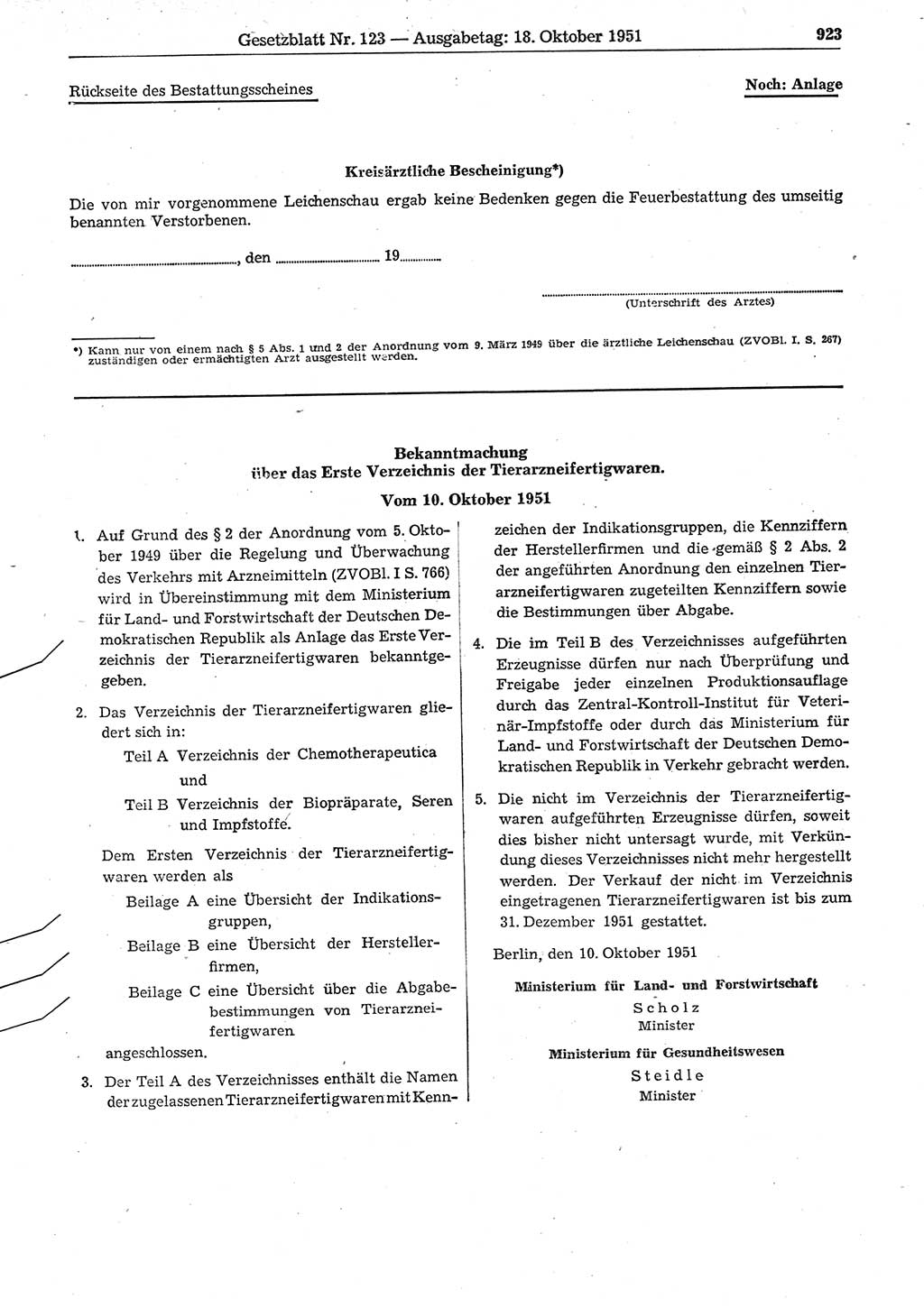 Gesetzblatt (GBl.) der Deutschen Demokratischen Republik (DDR) 1951, Seite 923 (GBl. DDR 1951, S. 923)