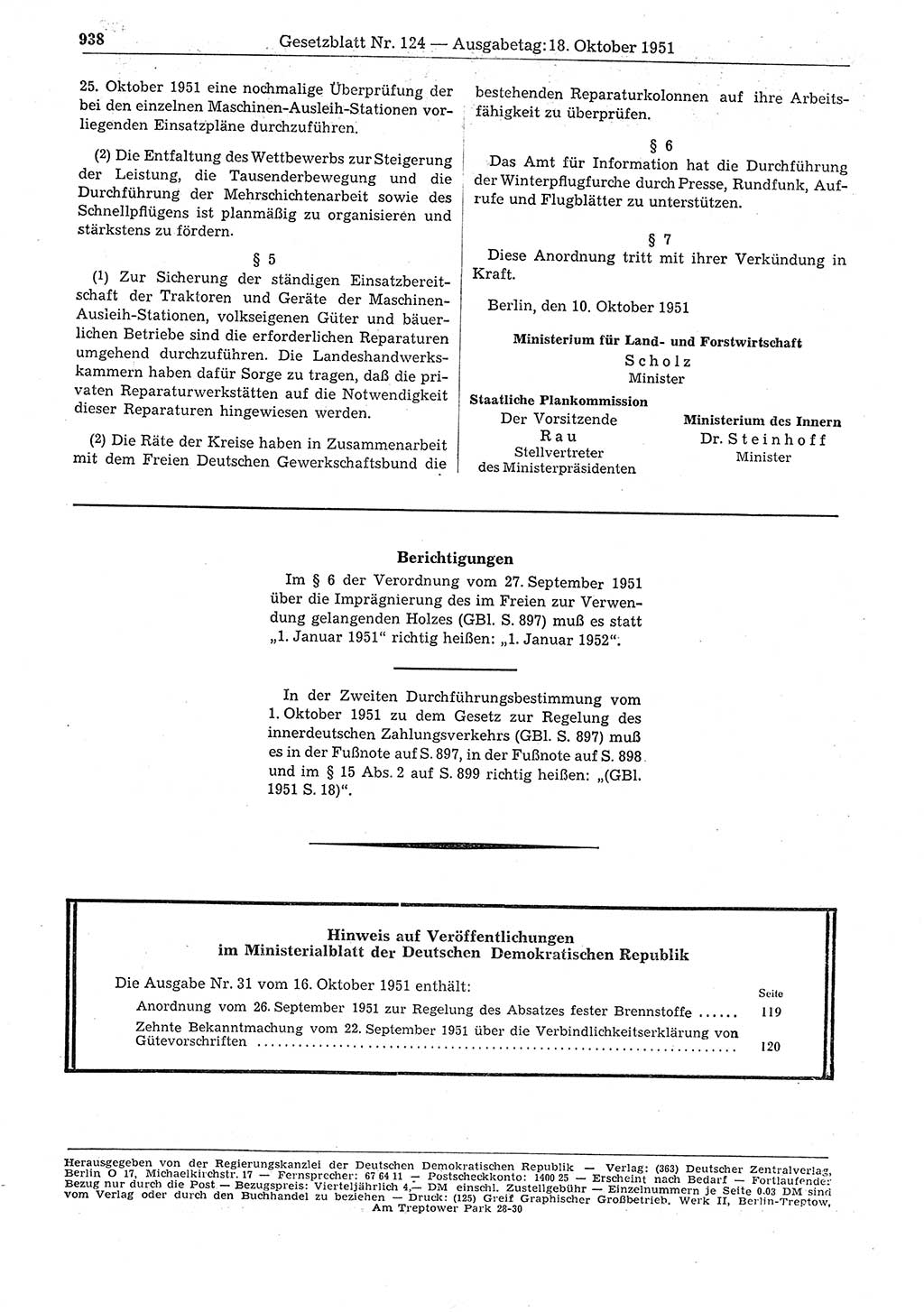 Gesetzblatt (GBl.) der Deutschen Demokratischen Republik (DDR) 1951, Seite 938 (GBl. DDR 1951, S. 938)