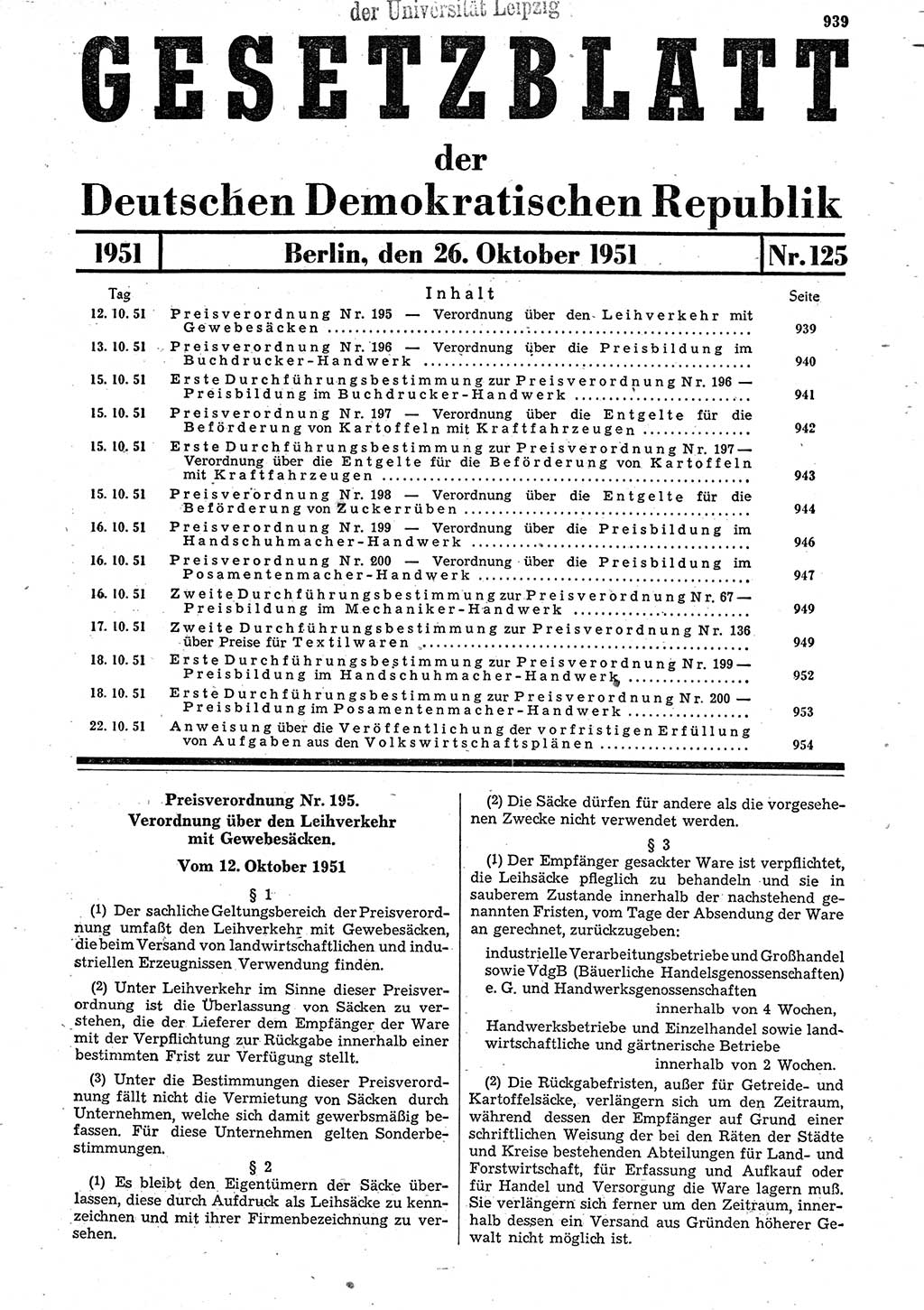 Gesetzblatt (GBl.) der Deutschen Demokratischen Republik (DDR) 1951, Seite 939 (GBl. DDR 1951, S. 939)