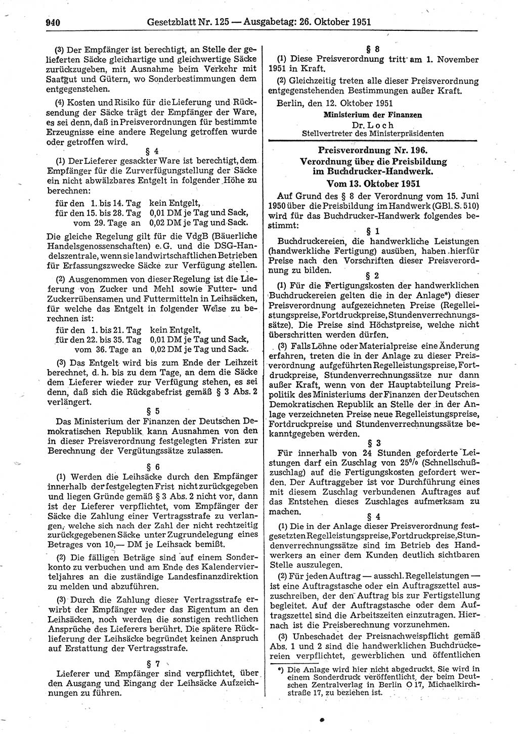 Gesetzblatt (GBl.) der Deutschen Demokratischen Republik (DDR) 1951, Seite 940 (GBl. DDR 1951, S. 940)