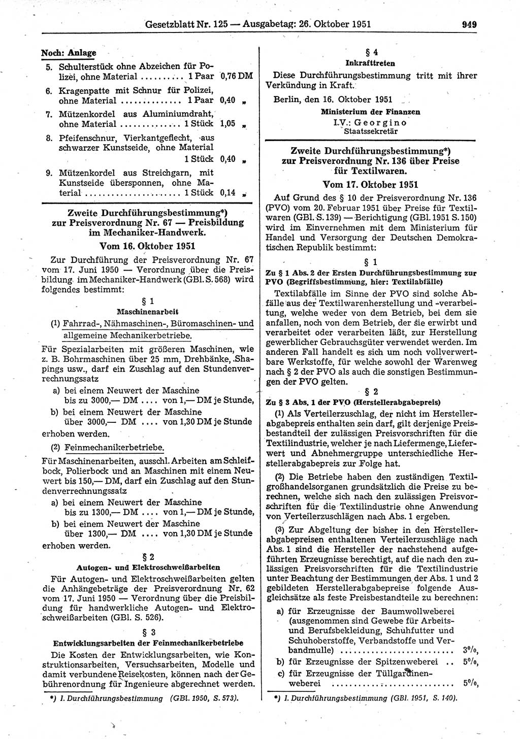 Gesetzblatt (GBl.) der Deutschen Demokratischen Republik (DDR) 1951, Seite 949 (GBl. DDR 1951, S. 949)
