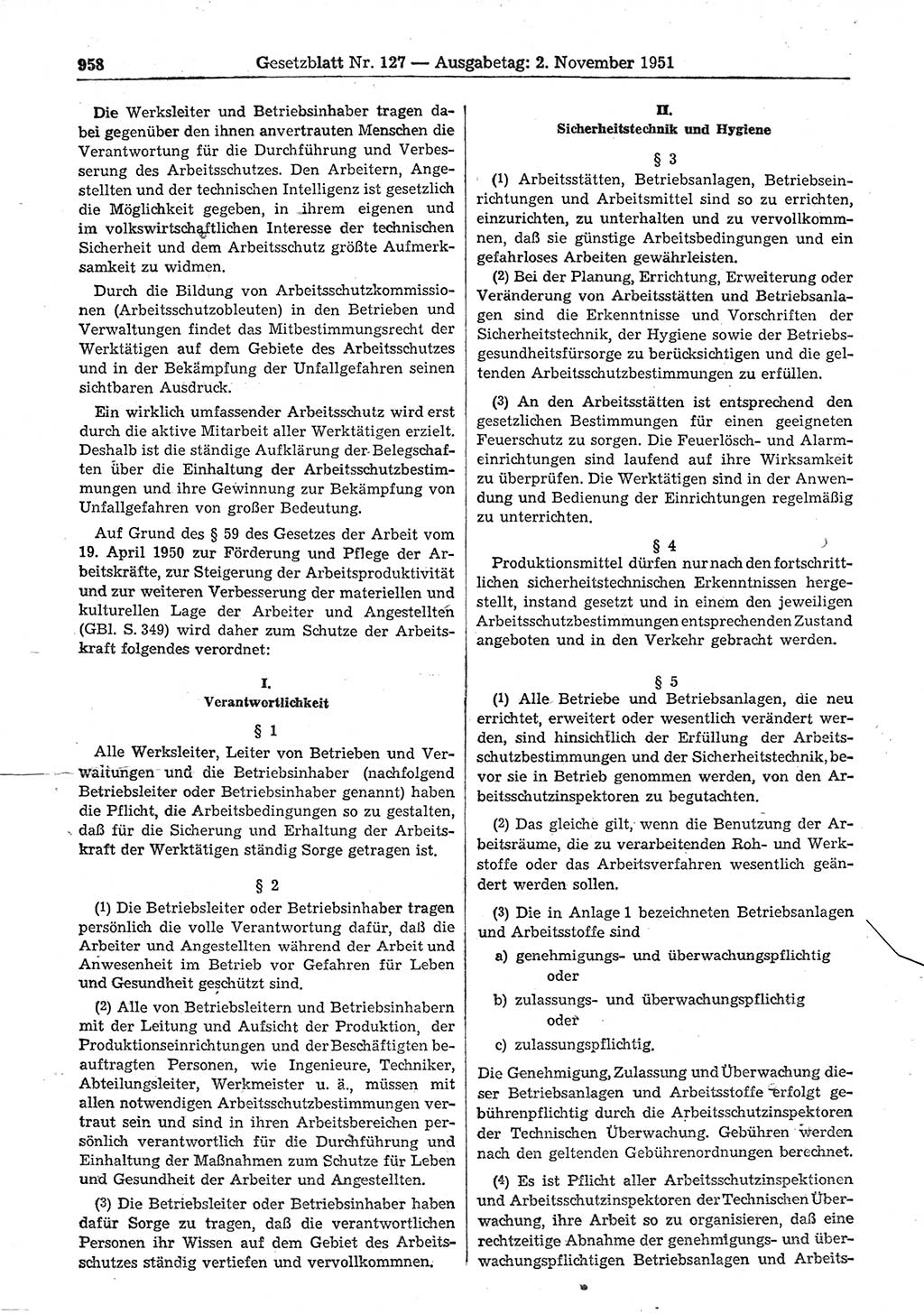 Gesetzblatt (GBl.) der Deutschen Demokratischen Republik (DDR) 1951, Seite 958 (GBl. DDR 1951, S. 958)