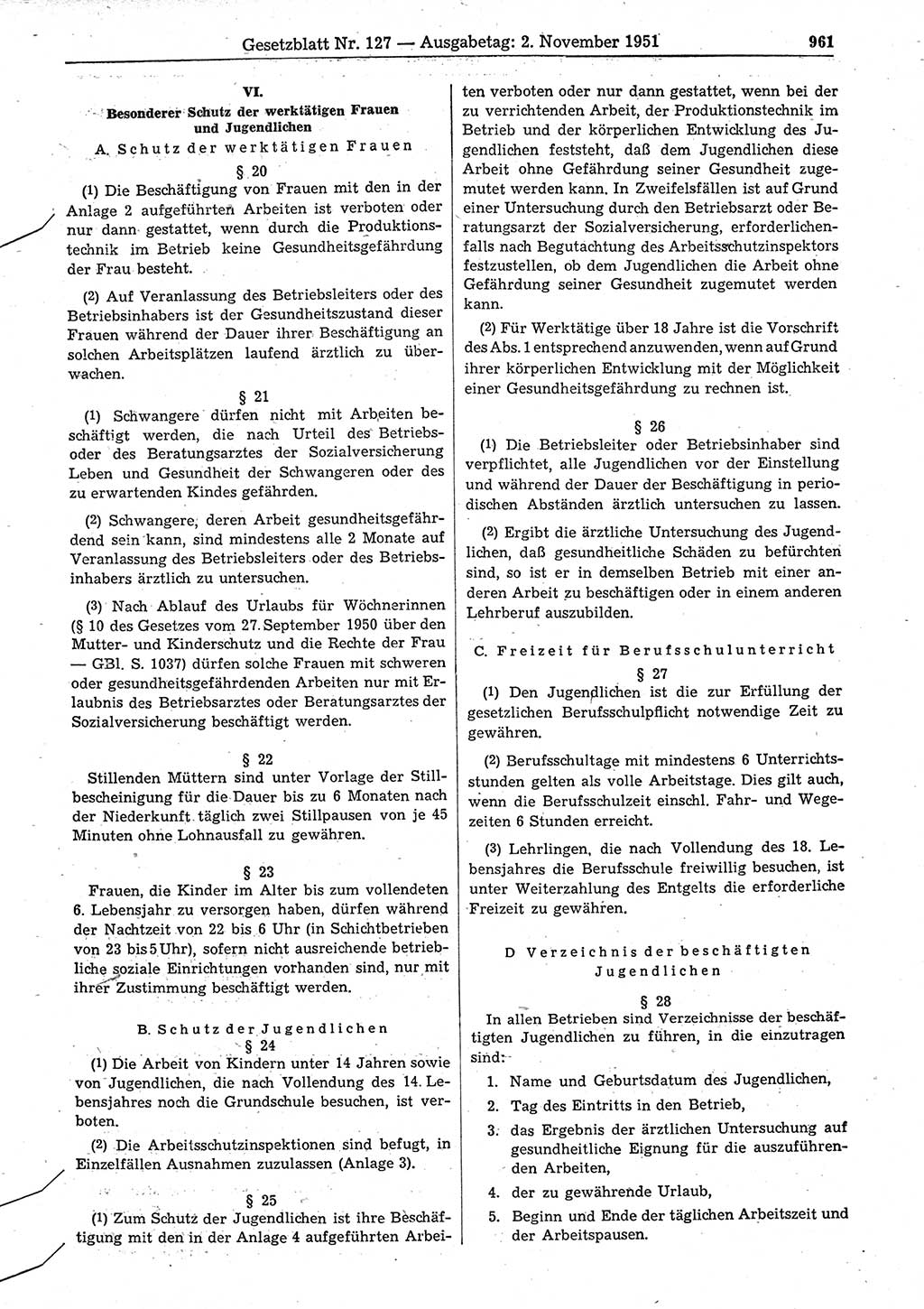 Gesetzblatt (GBl.) der Deutschen Demokratischen Republik (DDR) 1951, Seite 961 (GBl. DDR 1951, S. 961)