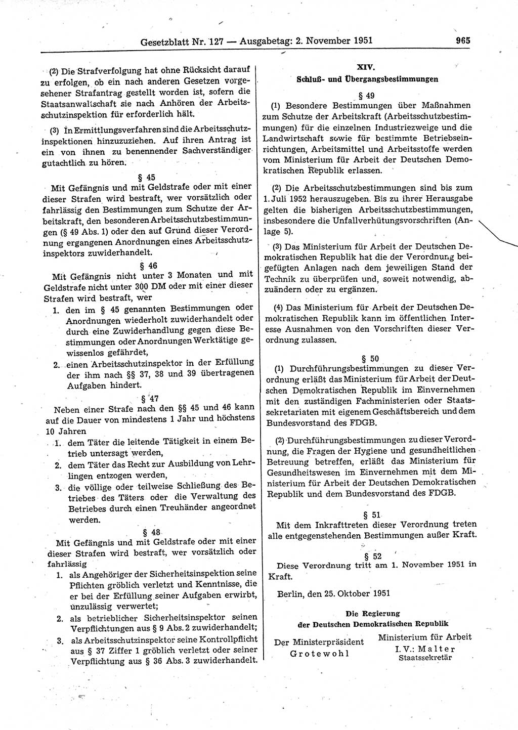 Gesetzblatt (GBl.) der Deutschen Demokratischen Republik (DDR) 1951, Seite 965 (GBl. DDR 1951, S. 965)