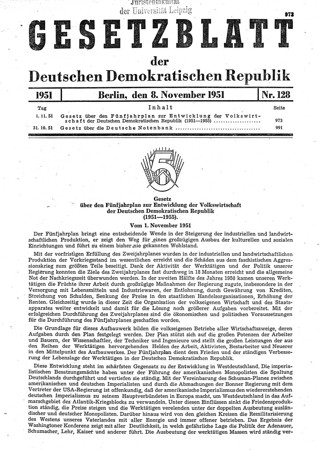 Gesetzblatt (GBl.) der Deutschen Demokratischen Republik (DDR) 1951, Seite 973 (GBl. DDR 1951, S. 973)