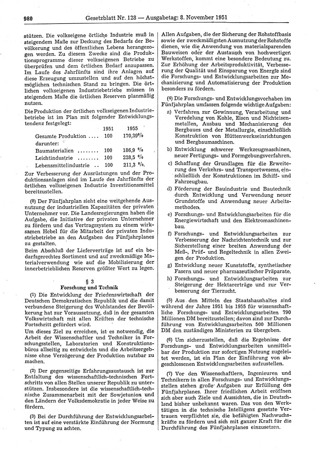 Gesetzblatt (GBl.) der Deutschen Demokratischen Republik (DDR) 1951, Seite 980 (GBl. DDR 1951, S. 980)