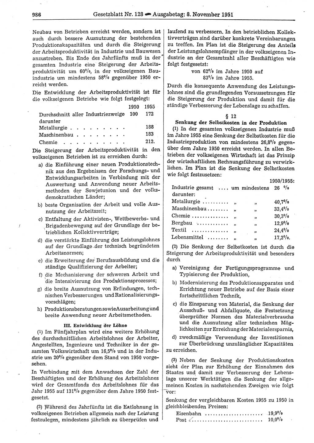 Gesetzblatt (GBl.) der Deutschen Demokratischen Republik (DDR) 1951, Seite 986 (GBl. DDR 1951, S. 986)