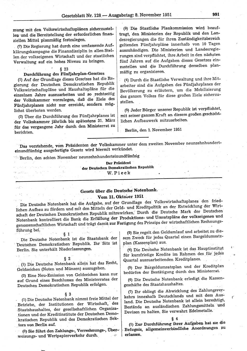 Gesetzblatt (GBl.) der Deutschen Demokratischen Republik (DDR) 1951, Seite 991 (GBl. DDR 1951, S. 991)