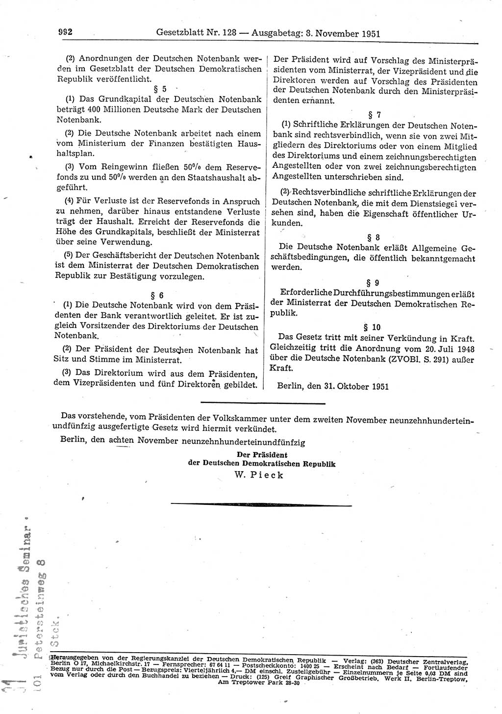 Gesetzblatt (GBl.) der Deutschen Demokratischen Republik (DDR) 1951, Seite 992 (GBl. DDR 1951, S. 992)