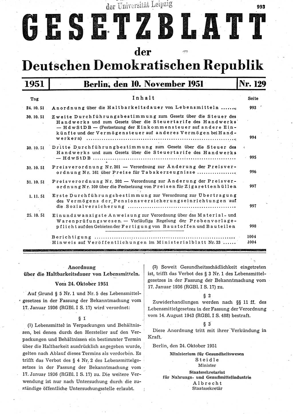 Gesetzblatt (GBl.) der Deutschen Demokratischen Republik (DDR) 1951, Seite 993 (GBl. DDR 1951, S. 993)