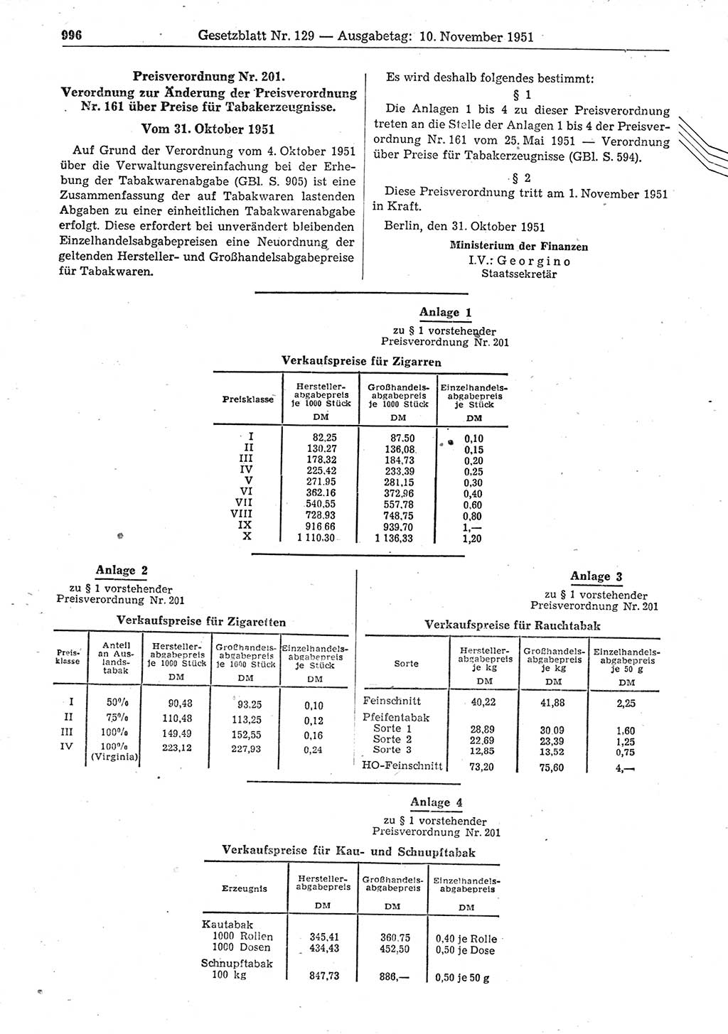 Gesetzblatt (GBl.) der Deutschen Demokratischen Republik (DDR) 1951, Seite 996 (GBl. DDR 1951, S. 996)