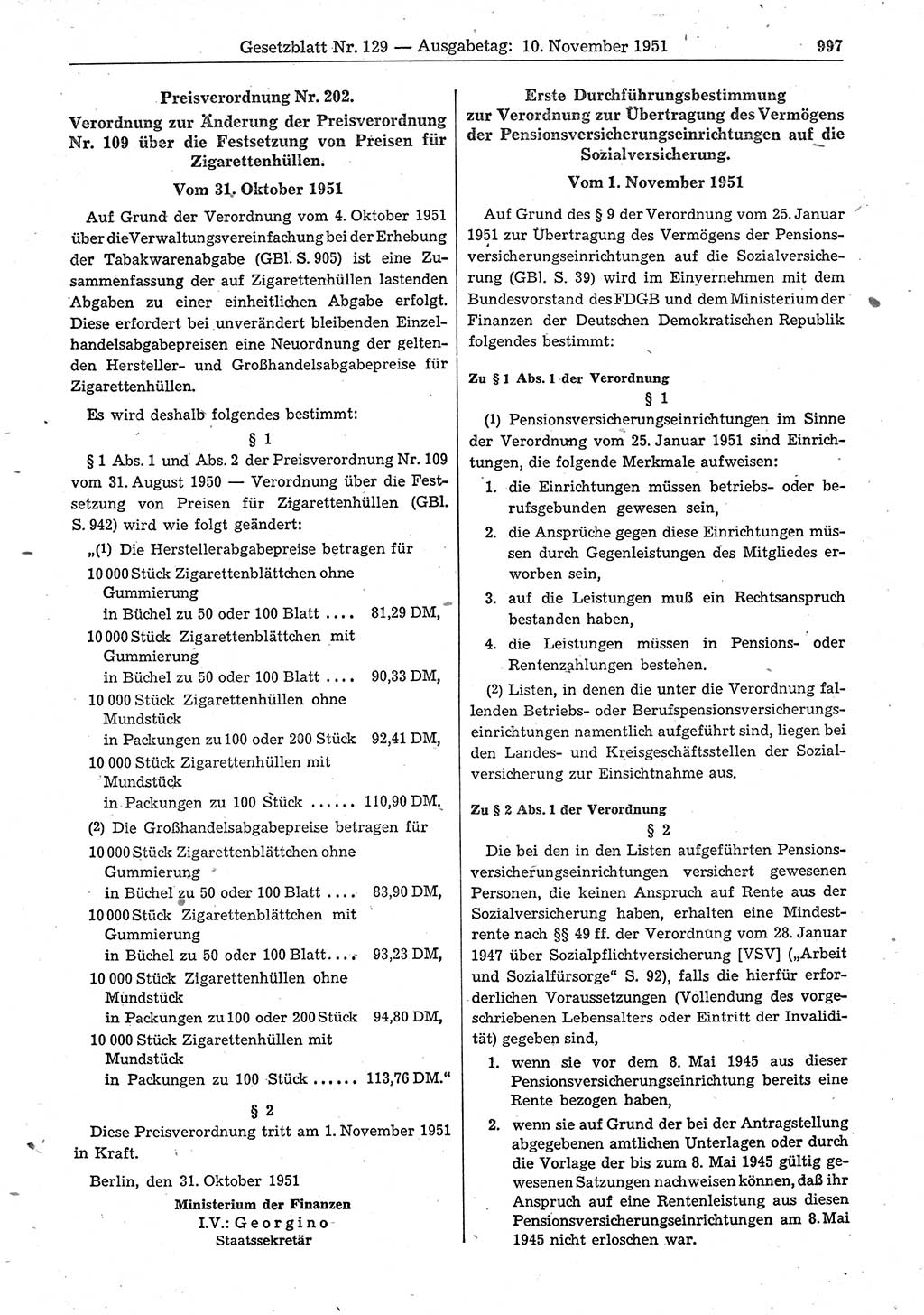 Gesetzblatt (GBl.) der Deutschen Demokratischen Republik (DDR) 1951, Seite 997 (GBl. DDR 1951, S. 997)