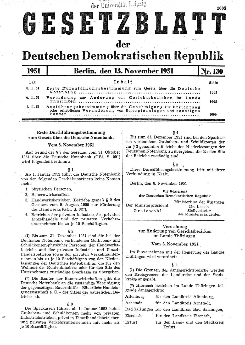 Gesetzblatt (GBl.) der Deutschen Demokratischen Republik (DDR) 1951, Seite 1005 (GBl. DDR 1951, S. 1005)