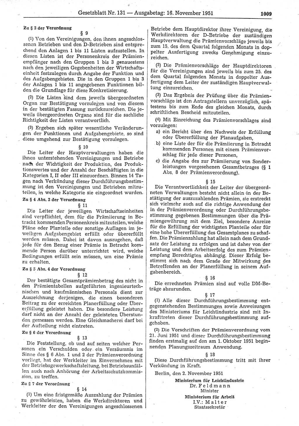 Gesetzblatt (GBl.) der Deutschen Demokratischen Republik (DDR) 1951, Seite 1009 (GBl. DDR 1951, S. 1009)