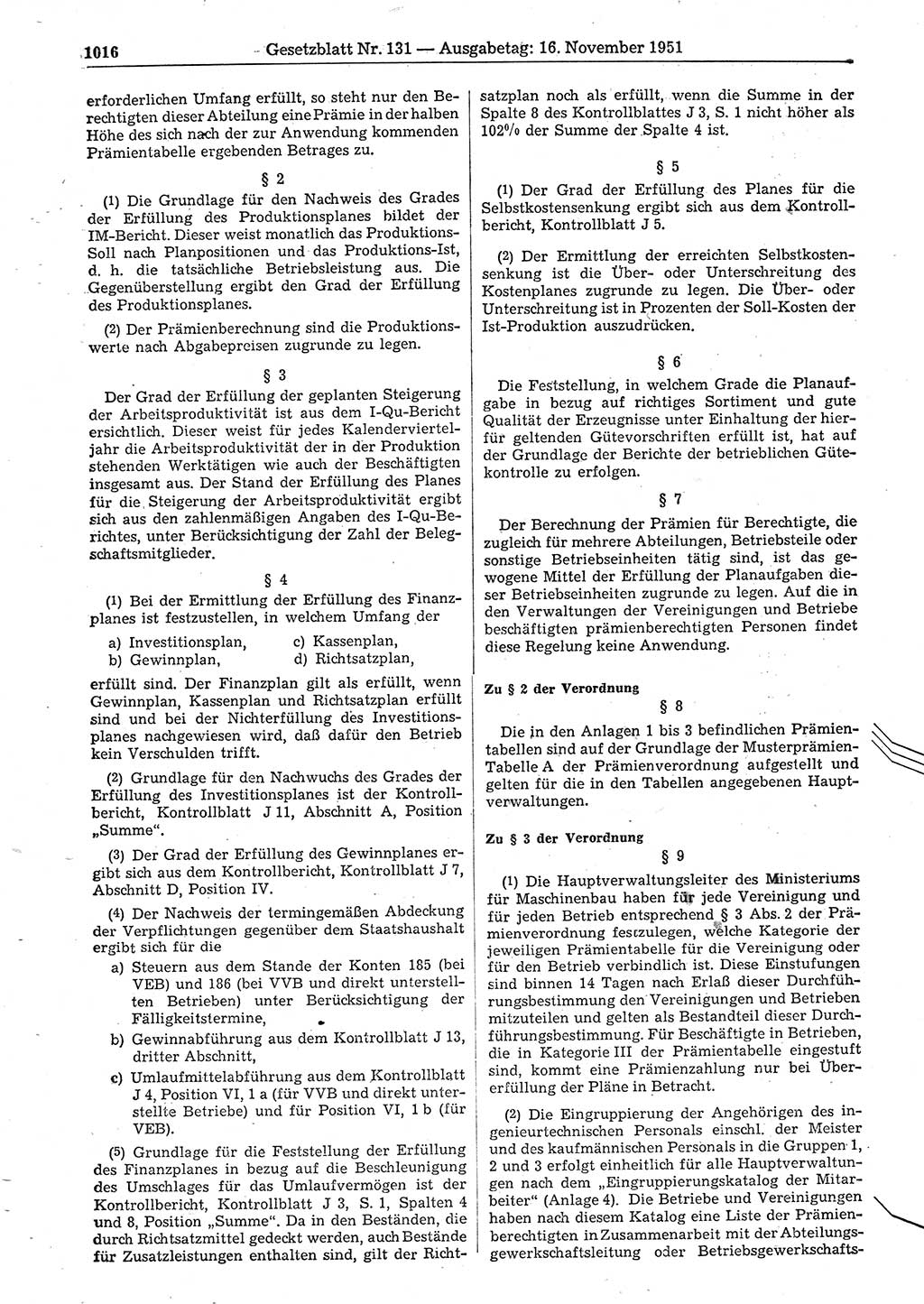 Gesetzblatt (GBl.) der Deutschen Demokratischen Republik (DDR) 1951, Seite 1016 (GBl. DDR 1951, S. 1016)