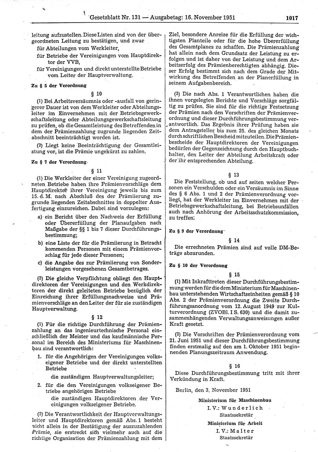 Gesetzblatt (GBl.) der Deutschen Demokratischen Republik (DDR) 1951, Seite 1017 (GBl. DDR 1951, S. 1017)