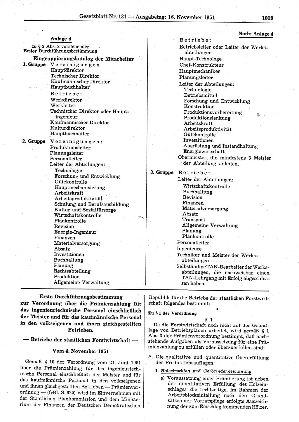 Gesetzblatt (GBl.) der Deutschen Demokratischen Republik (DDR) 1951, Seite 1019 (GBl. DDR 1951, S. 1019)