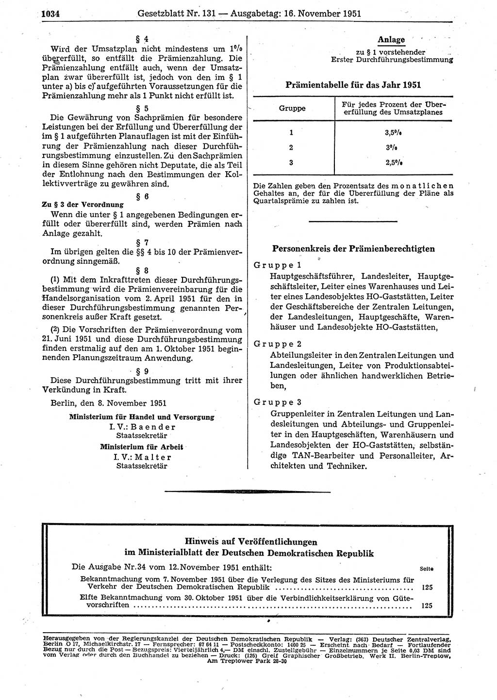 Gesetzblatt (GBl.) der Deutschen Demokratischen Republik (DDR) 1951, Seite 1034 (GBl. DDR 1951, S. 1034)
