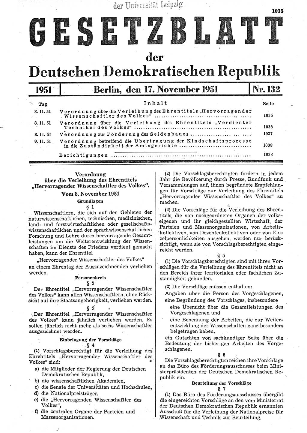 Gesetzblatt (GBl.) der Deutschen Demokratischen Republik (DDR) 1951, Seite 1035 (GBl. DDR 1951, S. 1035)