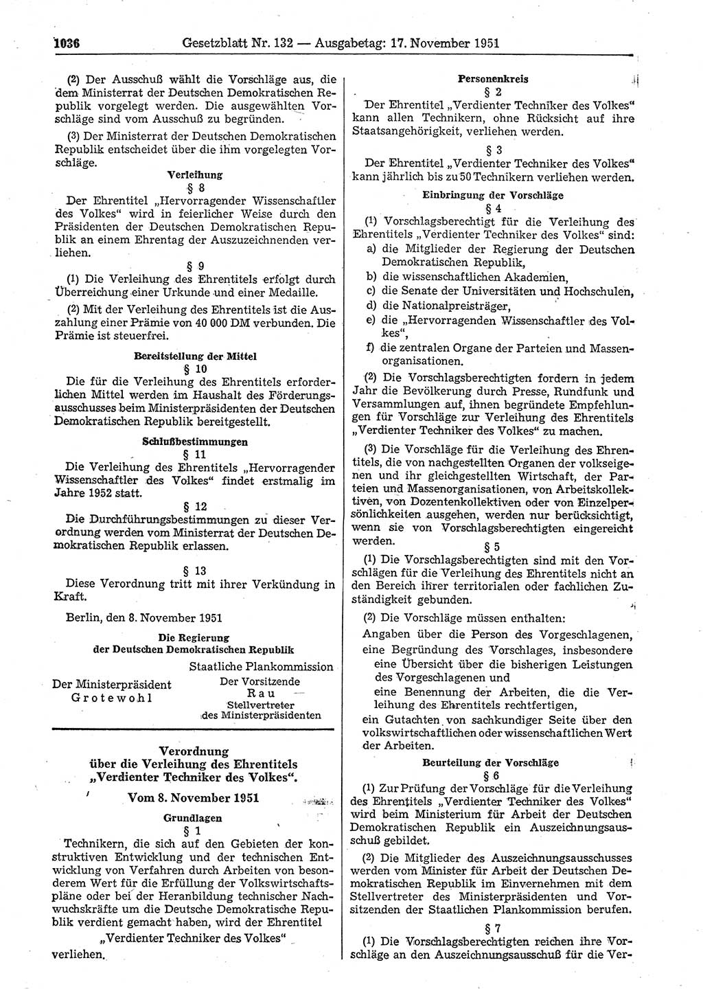 Gesetzblatt (GBl.) der Deutschen Demokratischen Republik (DDR) 1951, Seite 1036 (GBl. DDR 1951, S. 1036)