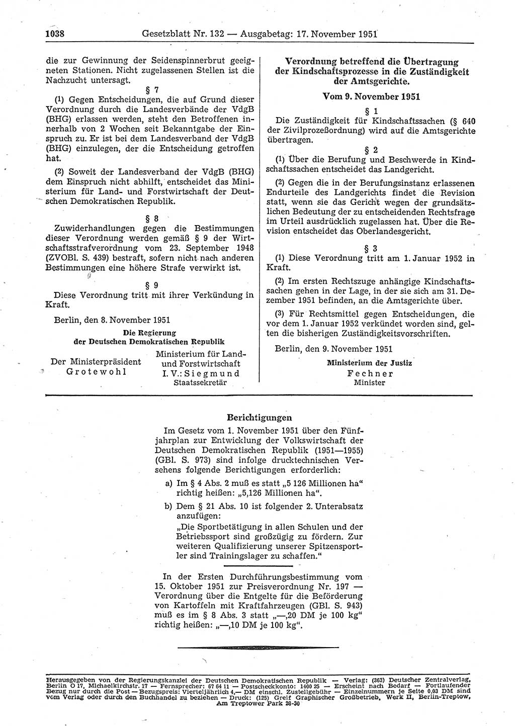 Gesetzblatt (GBl.) der Deutschen Demokratischen Republik (DDR) 1951, Seite 1038 (GBl. DDR 1951, S. 1038)