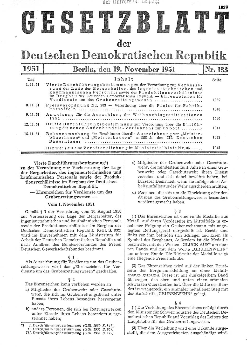 Gesetzblatt (GBl.) der Deutschen Demokratischen Republik (DDR) 1951, Seite 1039 (GBl. DDR 1951, S. 1039)