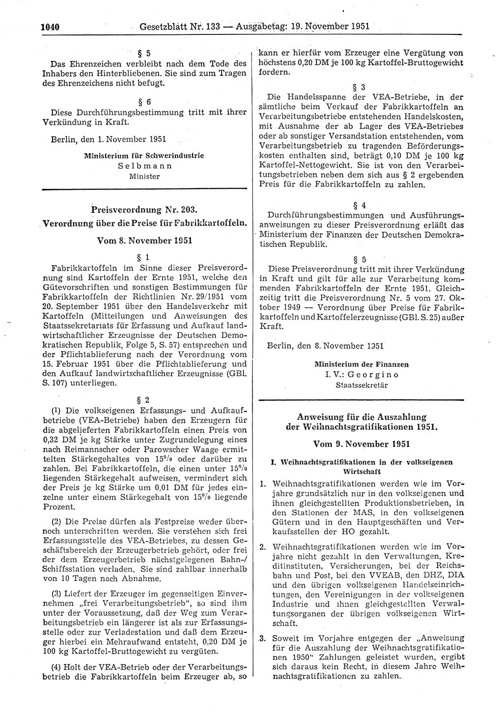 Gesetzblatt (GBl.) der Deutschen Demokratischen Republik (DDR) 1951, Seite 1040 (GBl. DDR 1951, S. 1040)