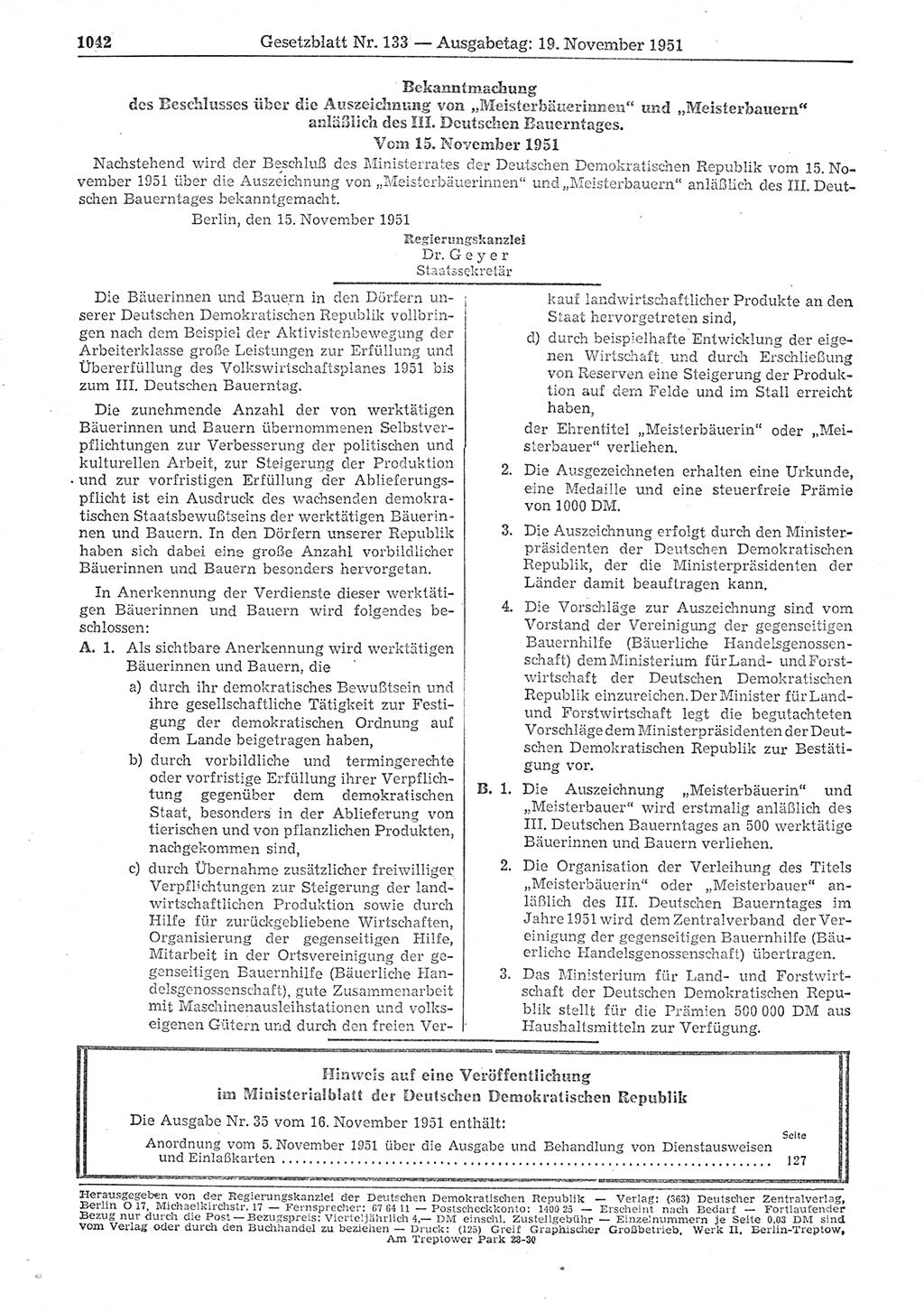 Gesetzblatt (GBl.) der Deutschen Demokratischen Republik (DDR) 1951, Seite 1042 (GBl. DDR 1951, S. 1042)