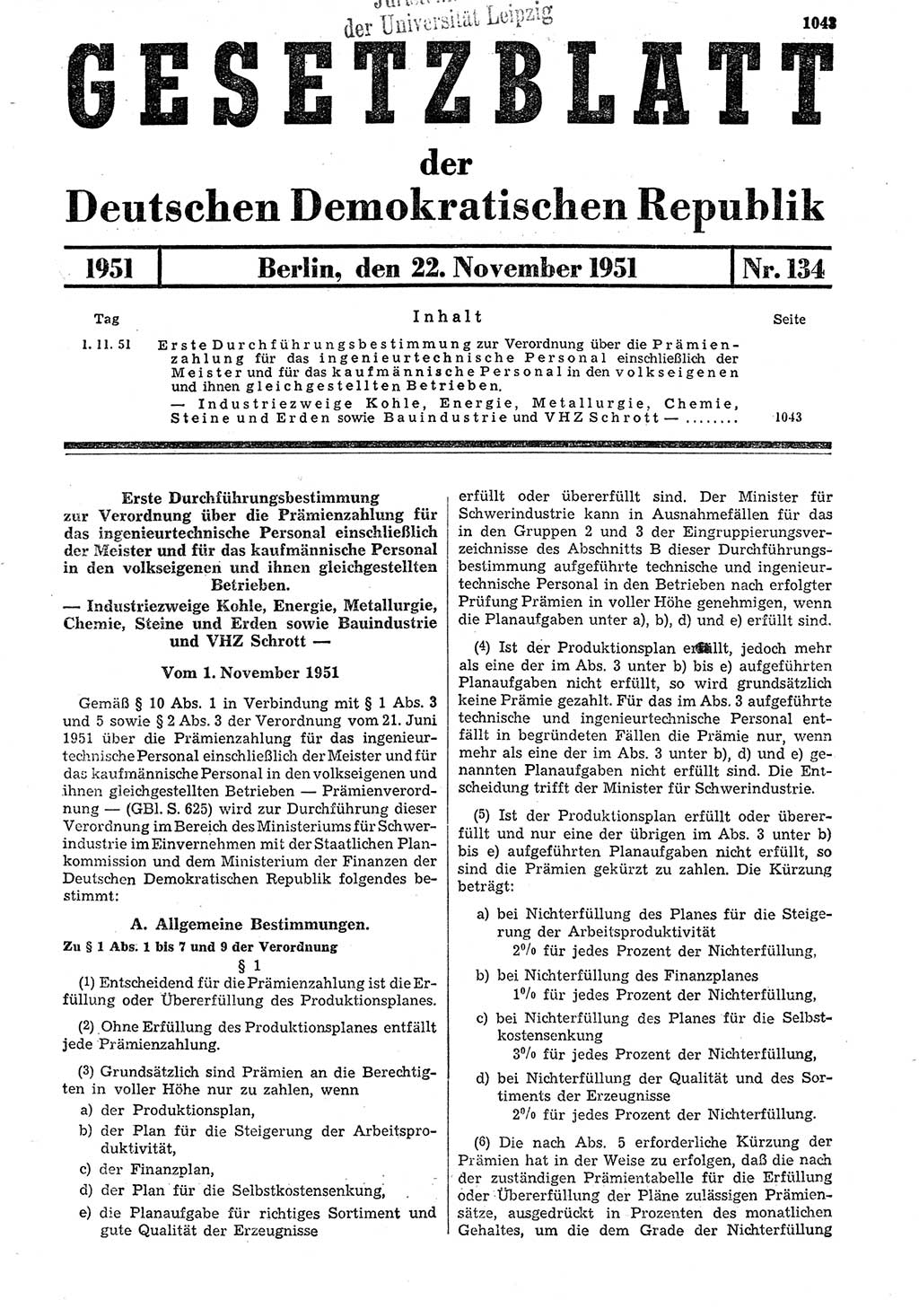 Gesetzblatt (GBl.) der Deutschen Demokratischen Republik (DDR) 1951, Seite 1043 (GBl. DDR 1951, S. 1043)