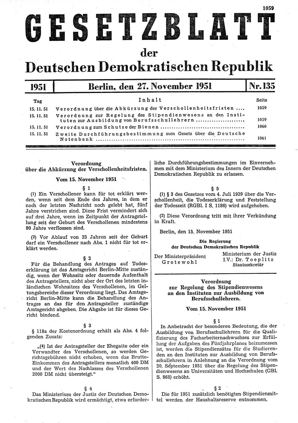 Gesetzblatt (GBl.) der Deutschen Demokratischen Republik (DDR) 1951, Seite 1059 (GBl. DDR 1951, S. 1059)