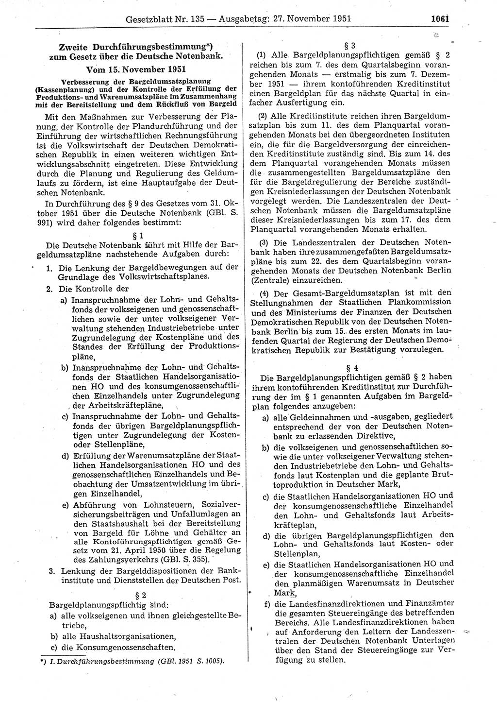Gesetzblatt (GBl.) der Deutschen Demokratischen Republik (DDR) 1951, Seite 1061 (GBl. DDR 1951, S. 1061)