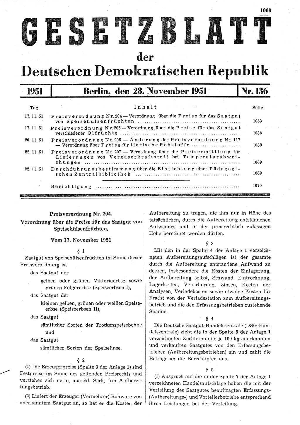 Gesetzblatt (GBl.) der Deutschen Demokratischen Republik (DDR) 1951, Seite 1063 (GBl. DDR 1951, S. 1063)