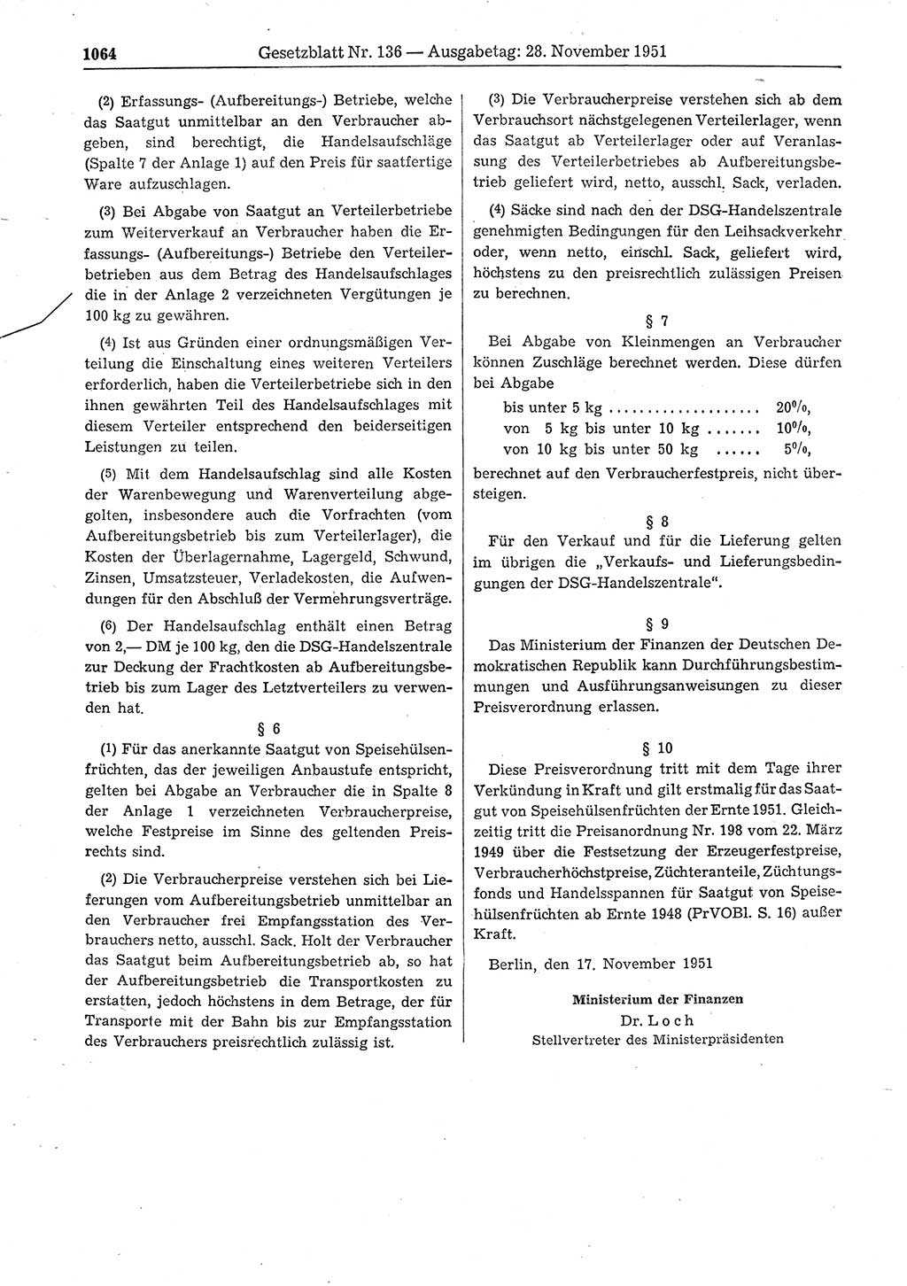 Gesetzblatt (GBl.) der Deutschen Demokratischen Republik (DDR) 1951, Seite 1064 (GBl. DDR 1951, S. 1064)