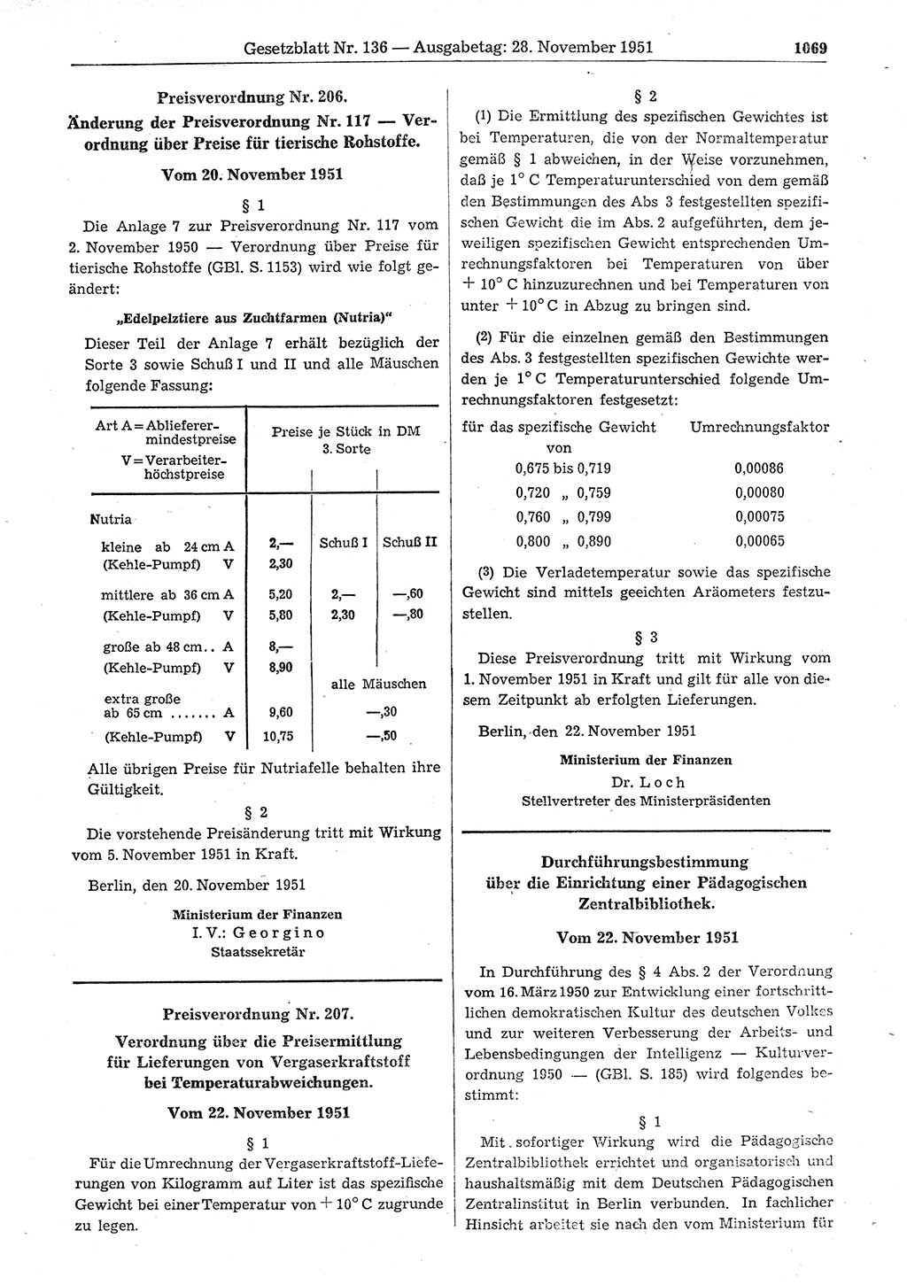 Gesetzblatt (GBl.) der Deutschen Demokratischen Republik (DDR) 1951, Seite 1069 (GBl. DDR 1951, S. 1069)
