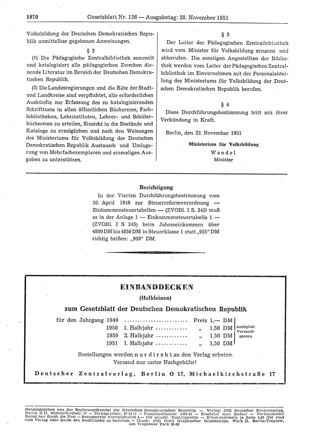 Gesetzblatt (GBl.) der Deutschen Demokratischen Republik (DDR) 1951, Seite 1070 (GBl. DDR 1951, S. 1070)