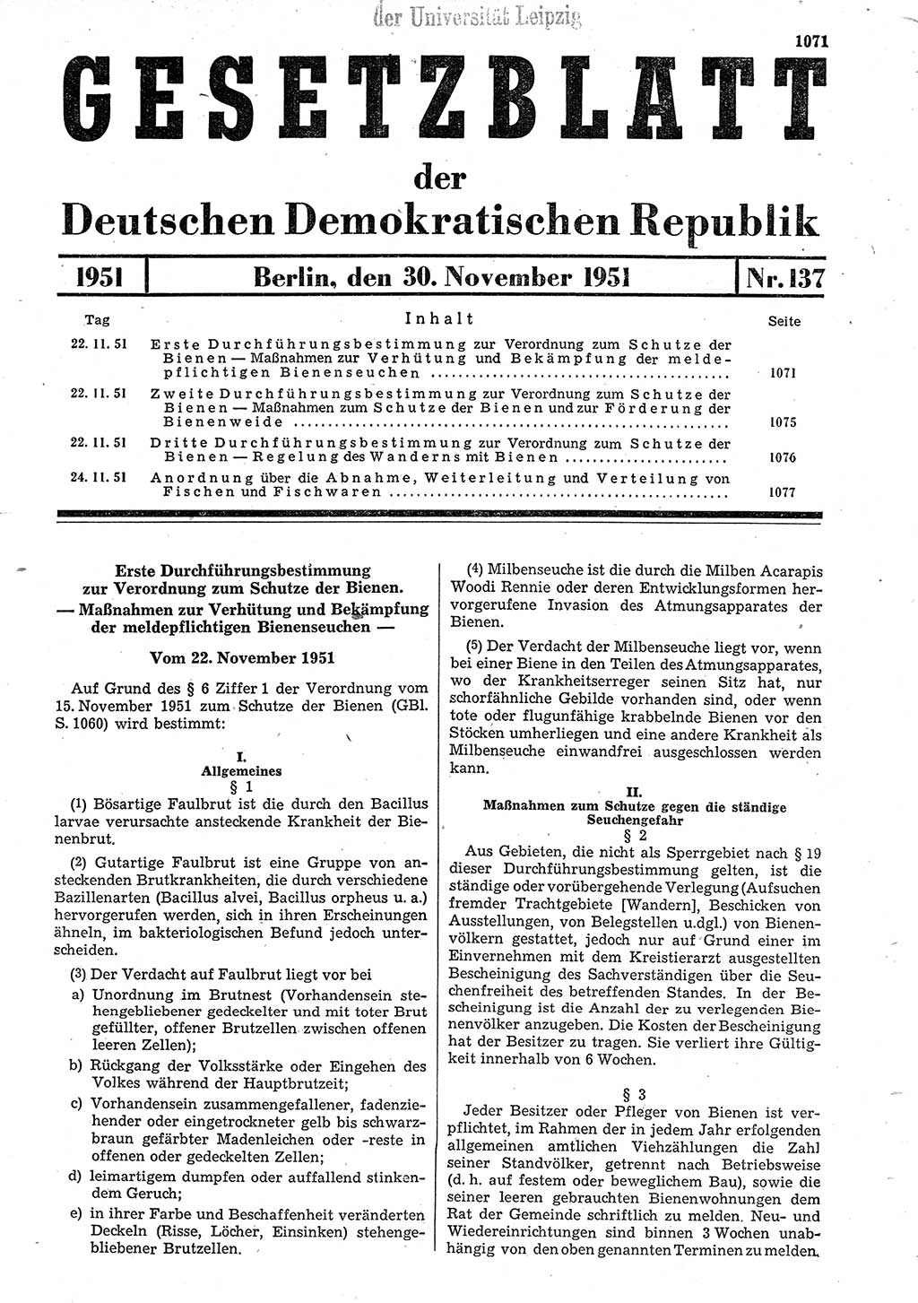 Gesetzblatt (GBl.) der Deutschen Demokratischen Republik (DDR) 1951, Seite 1071 (GBl. DDR 1951, S. 1071)
