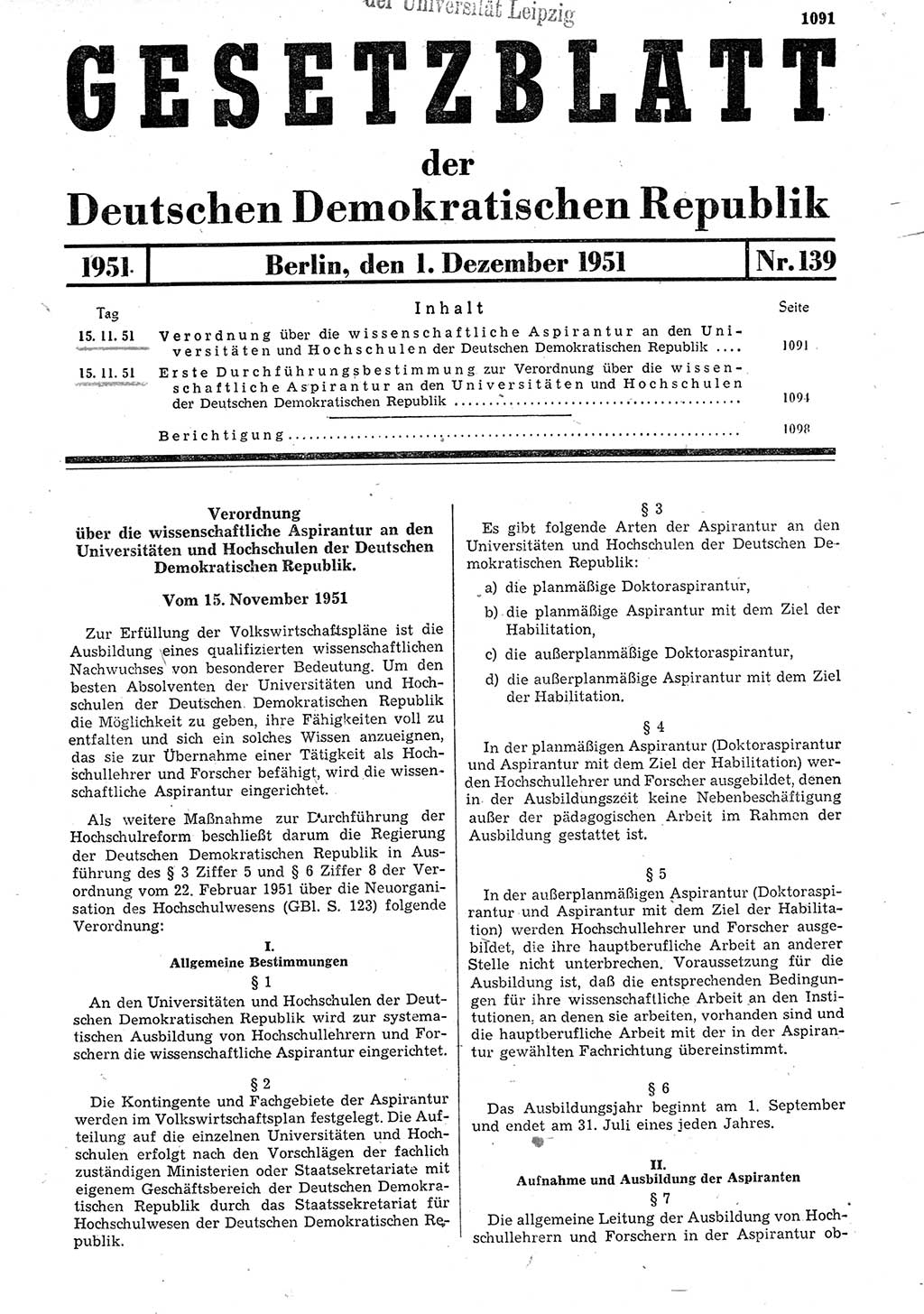 Gesetzblatt (GBl.) der Deutschen Demokratischen Republik (DDR) 1951, Seite 1091 (GBl. DDR 1951, S. 1091)