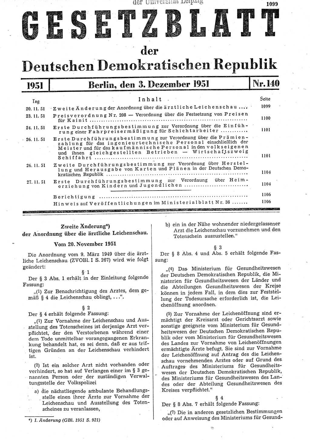 Gesetzblatt (GBl.) der Deutschen Demokratischen Republik (DDR) 1951, Seite 1099 (GBl. DDR 1951, S. 1099)