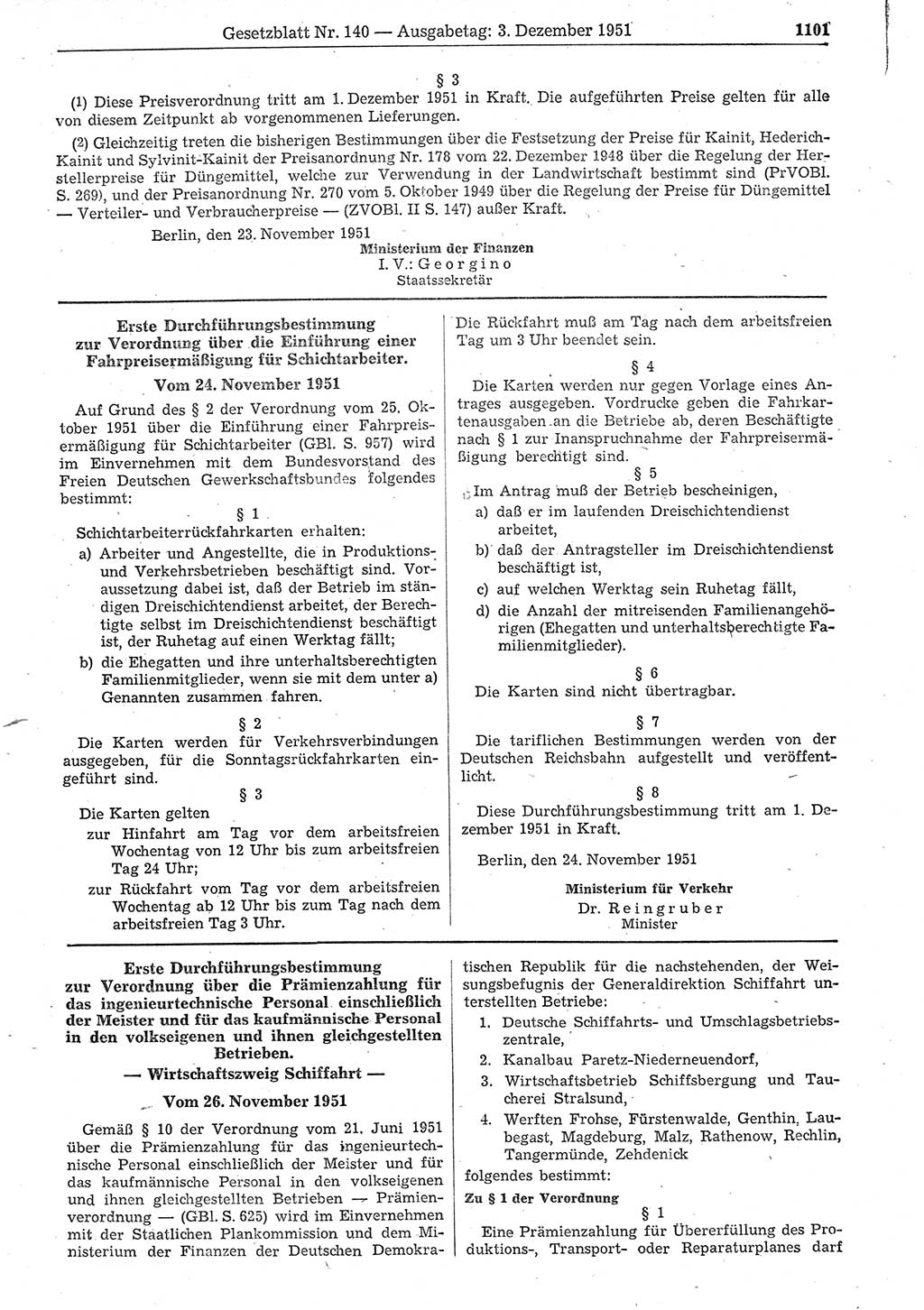 Gesetzblatt (GBl.) der Deutschen Demokratischen Republik (DDR) 1951, Seite 1101 (GBl. DDR 1951, S. 1101)